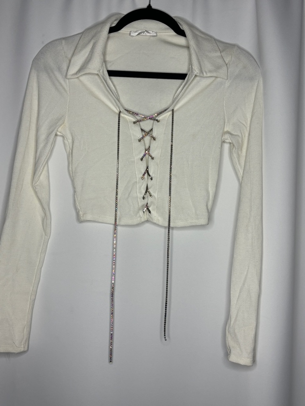 A3 Design White Rhinestone Lace-Up Collared Long-Sleeve Crop Top